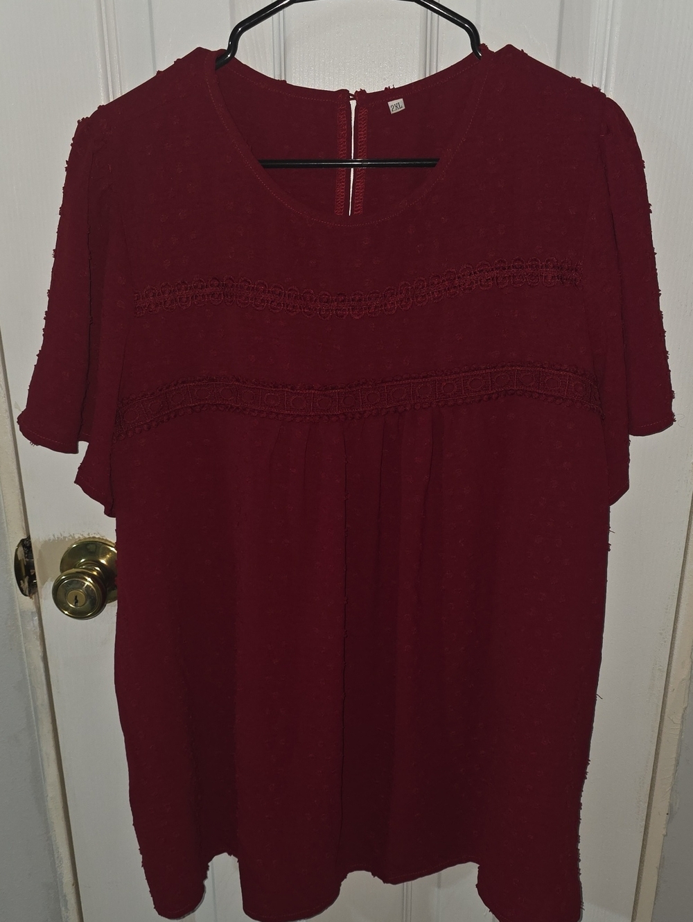 Source Unknown Wine Red Short Sleeve Lace-Trim Blouse